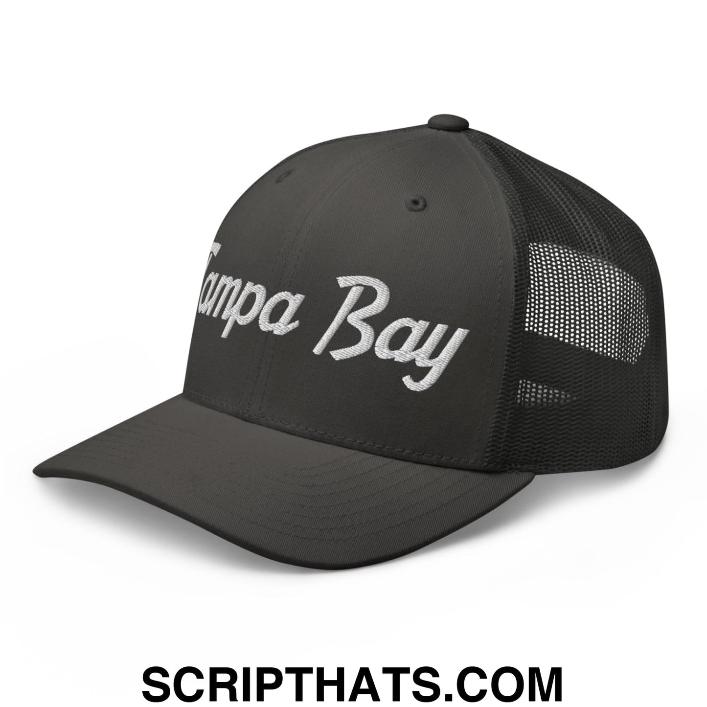 Tampa Bay Vintage Sports Script Embroidered Mesh Trucker Hat Charcoal