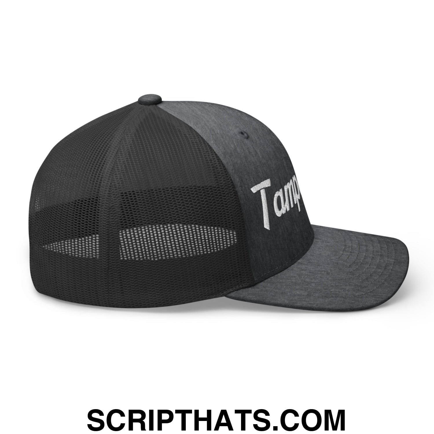 Tampa Bay Vintage Sports Script Embroidered Mesh Trucker Hat Dark Heather Gray