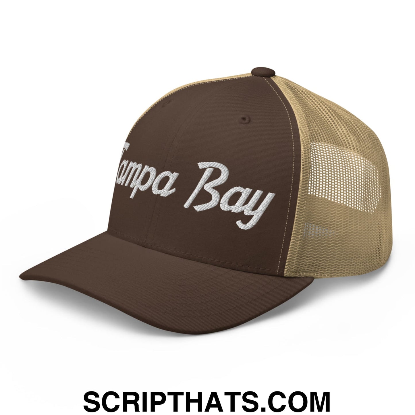 Tampa Bay Vintage Sports Script Embroidered Mesh Trucker Hat Brown Khaki