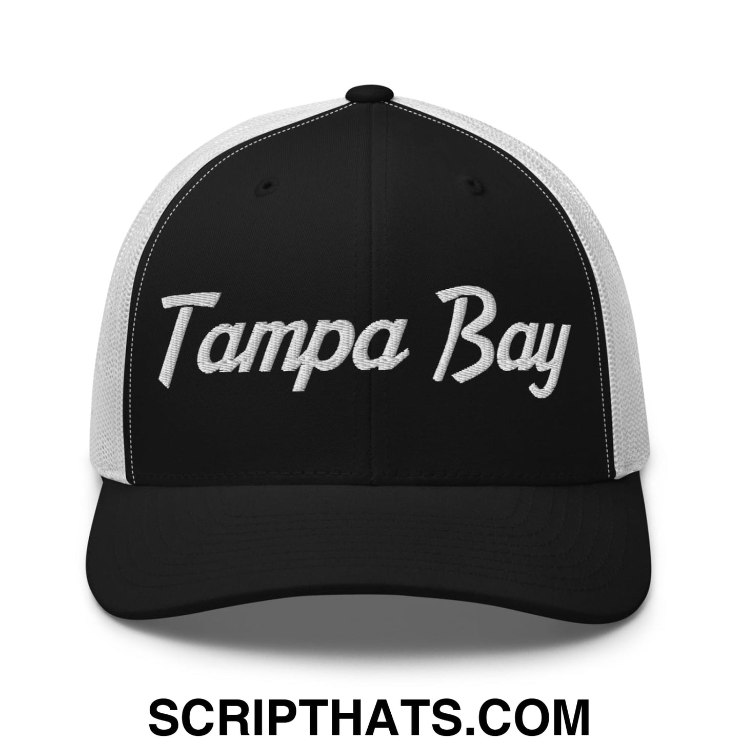 Tampa Bay Vintage Sports Script Embroidered Mesh Trucker Hat Black White