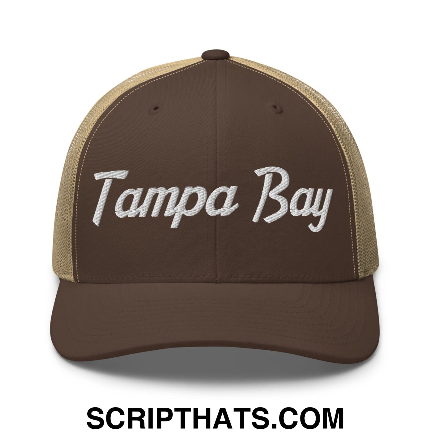 Tampa Bay Vintage Sports Script Embroidered Mesh Trucker Hat Brown Khaki