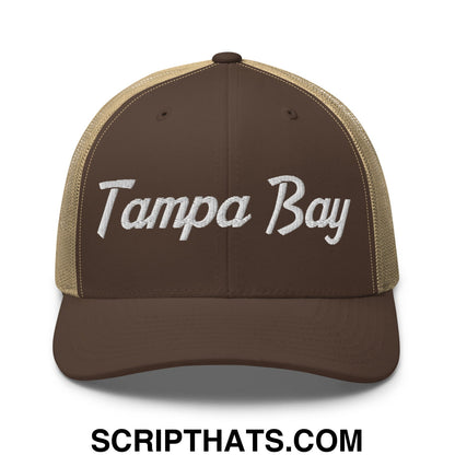 Tampa Bay Vintage Sports Script Embroidered Mesh Trucker Hat Brown Khaki