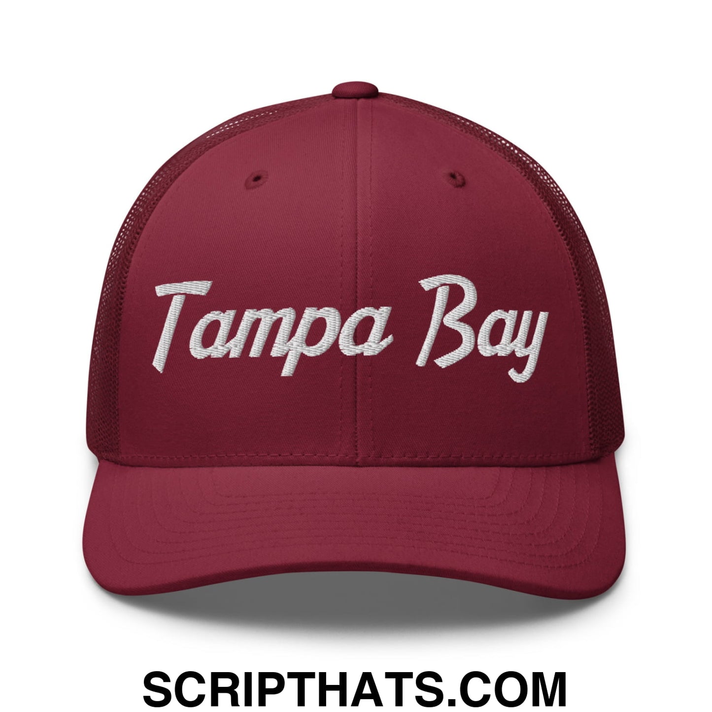 Tampa Bay Vintage Sports Script Embroidered Mesh Trucker Hat Cranberry