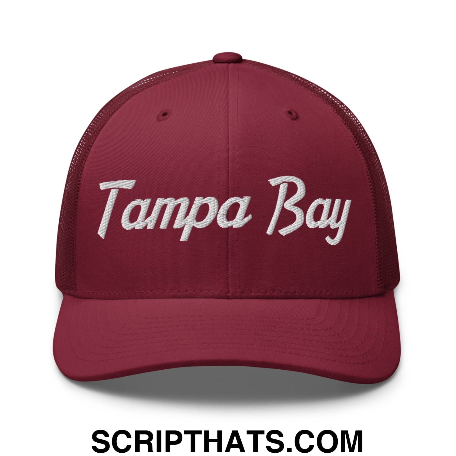 Tampa Bay Vintage Sports Script Embroidered Mesh Trucker Hat Cranberry