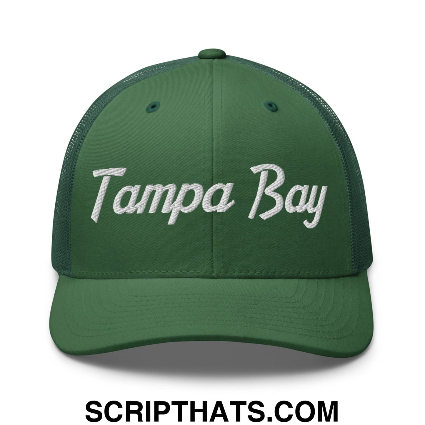 Tampa Bay Vintage Sports Script Embroidered Mesh Trucker Hat Evergreen