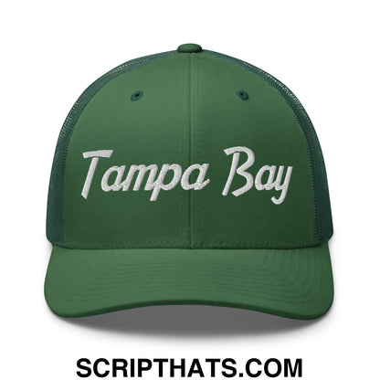 Tampa Bay Vintage Sports Script Embroidered Mesh Trucker Hat Evergreen