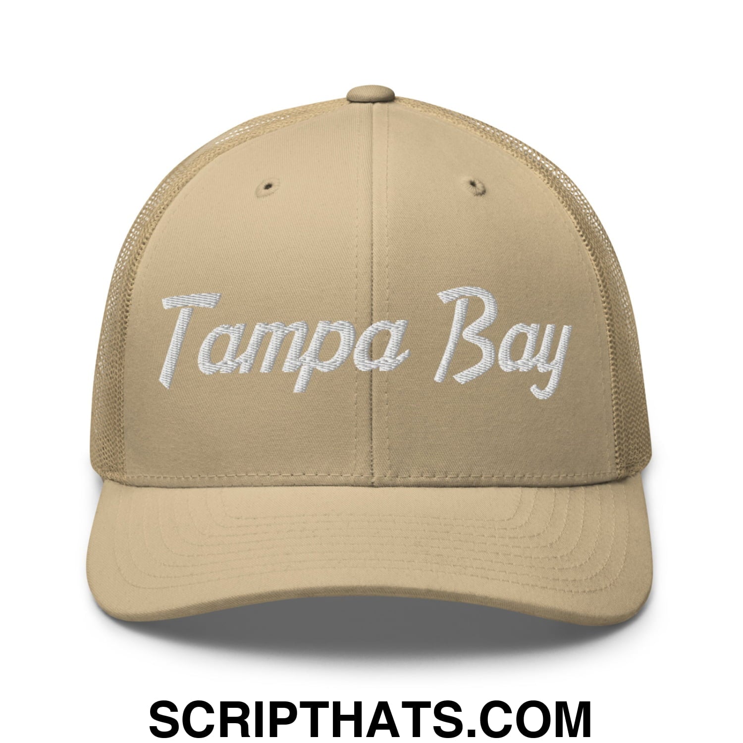 Tampa Bay Vintage Sports Script Embroidered Mesh Trucker Hat Khaki