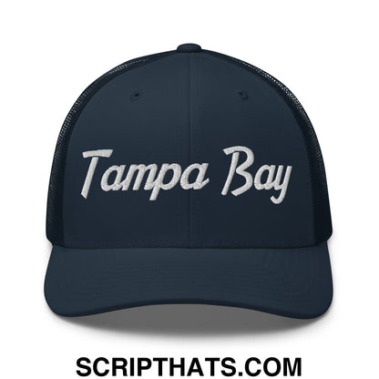 Tampa Bay Vintage Sports Script Embroidered Mesh Trucker Hat Navy