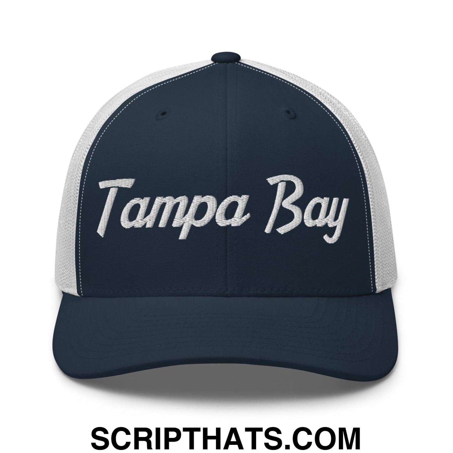 Tampa Bay Vintage Sports Script Embroidered Mesh Trucker Hat Navy White