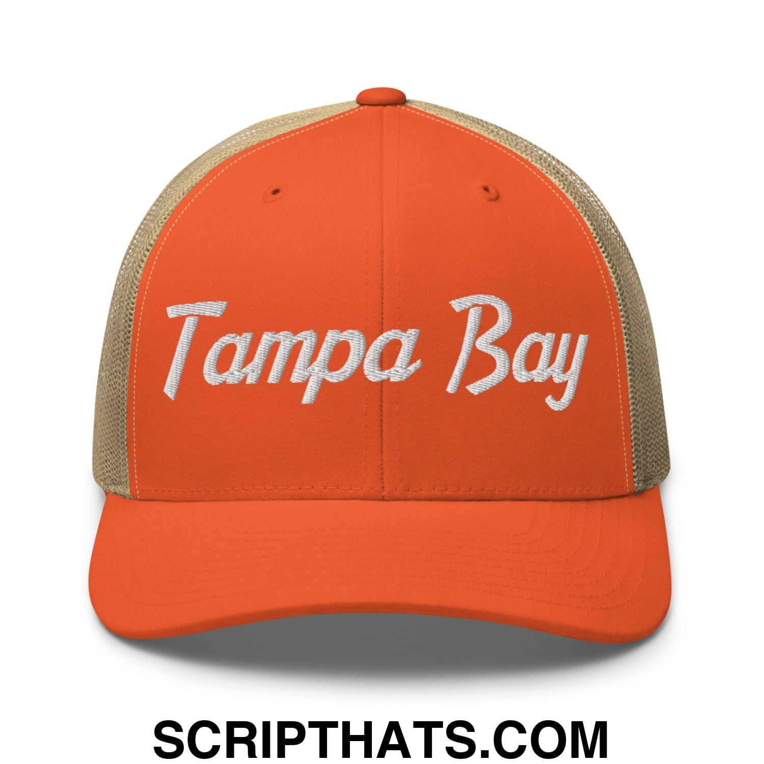 Tampa Bay Vintage Sports Script Embroidered Mesh Trucker Hat Rustic Orange Khaki