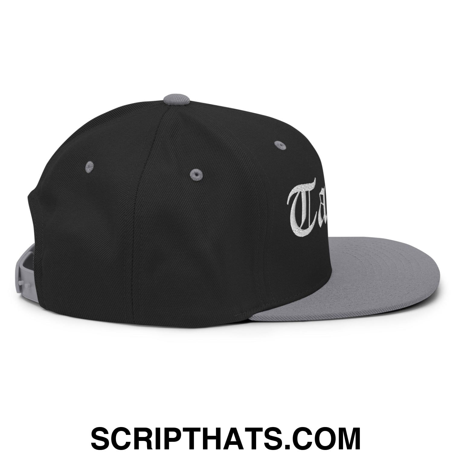 Tampa Old English Embroidered Flat Bill Brim Snapback Hat Black Silver