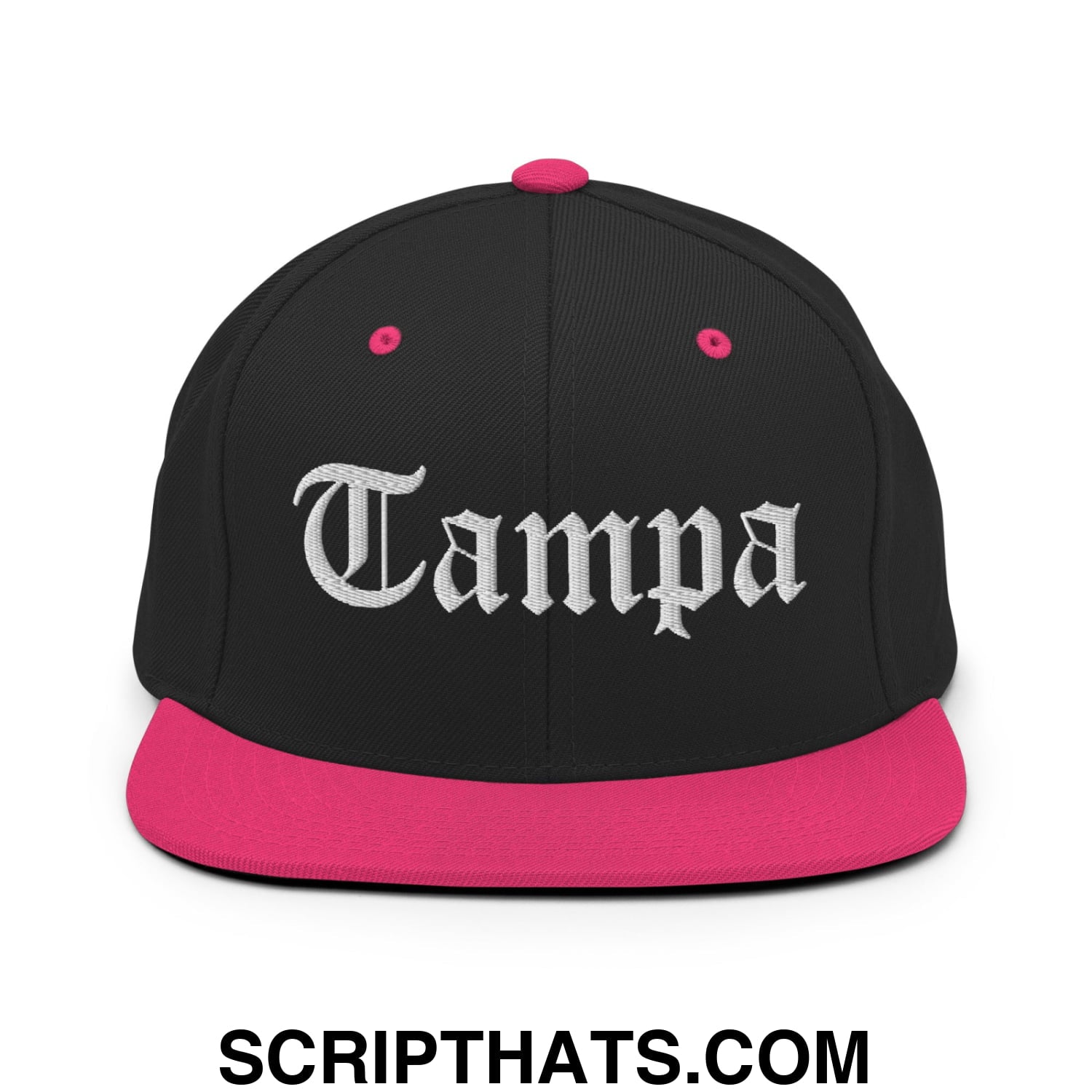 Tampa Old English Embroidered Flat Bill Brim Snapback Hat Black Neon Pink
