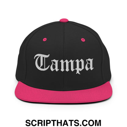 Tampa Old English Embroidered Flat Bill Brim Snapback Hat Black Neon Pink
