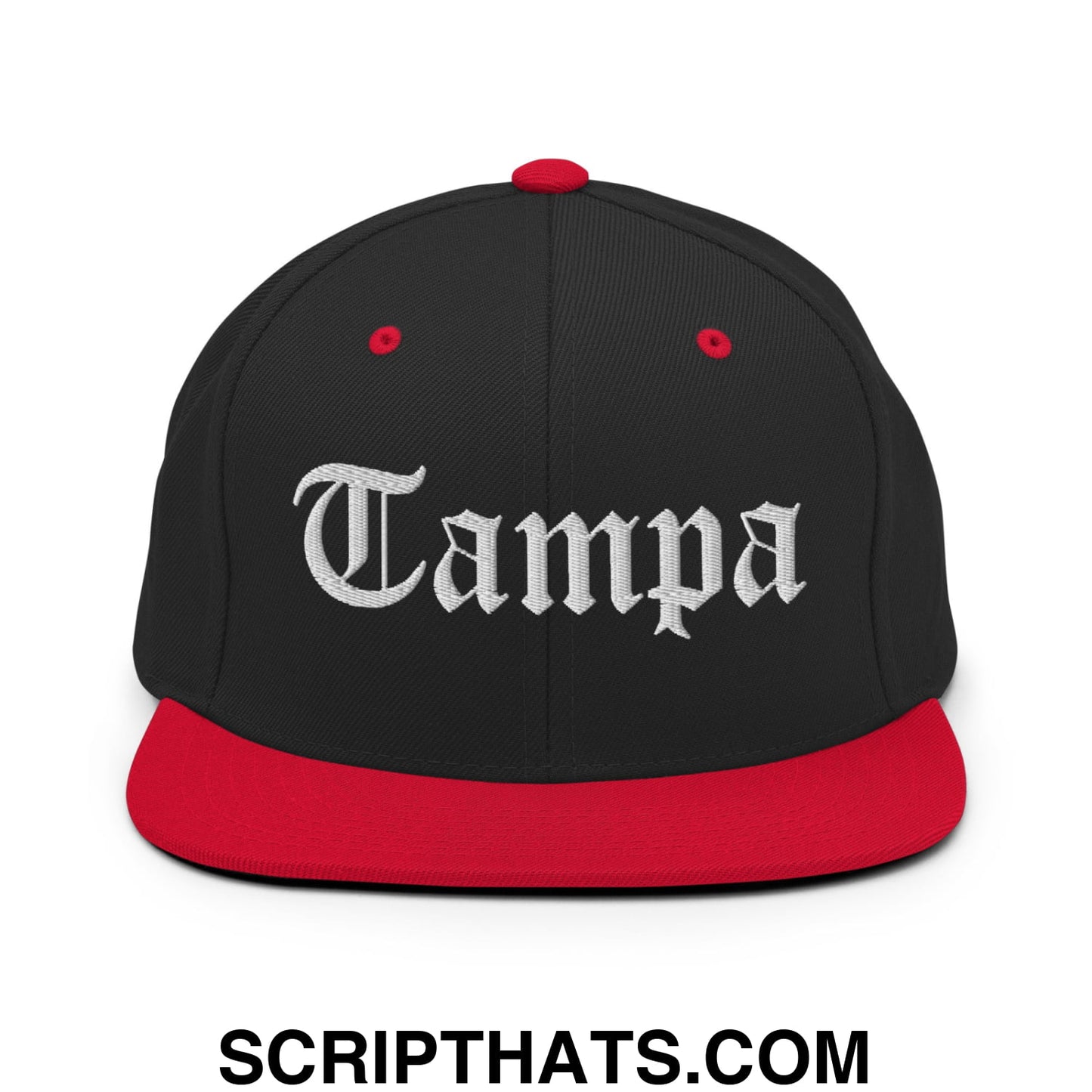 Tampa Old English Embroidered Flat Bill Brim Snapback Hat Black Red