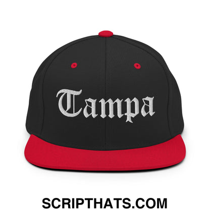 Tampa Old English Embroidered Flat Bill Brim Snapback Hat Black Red