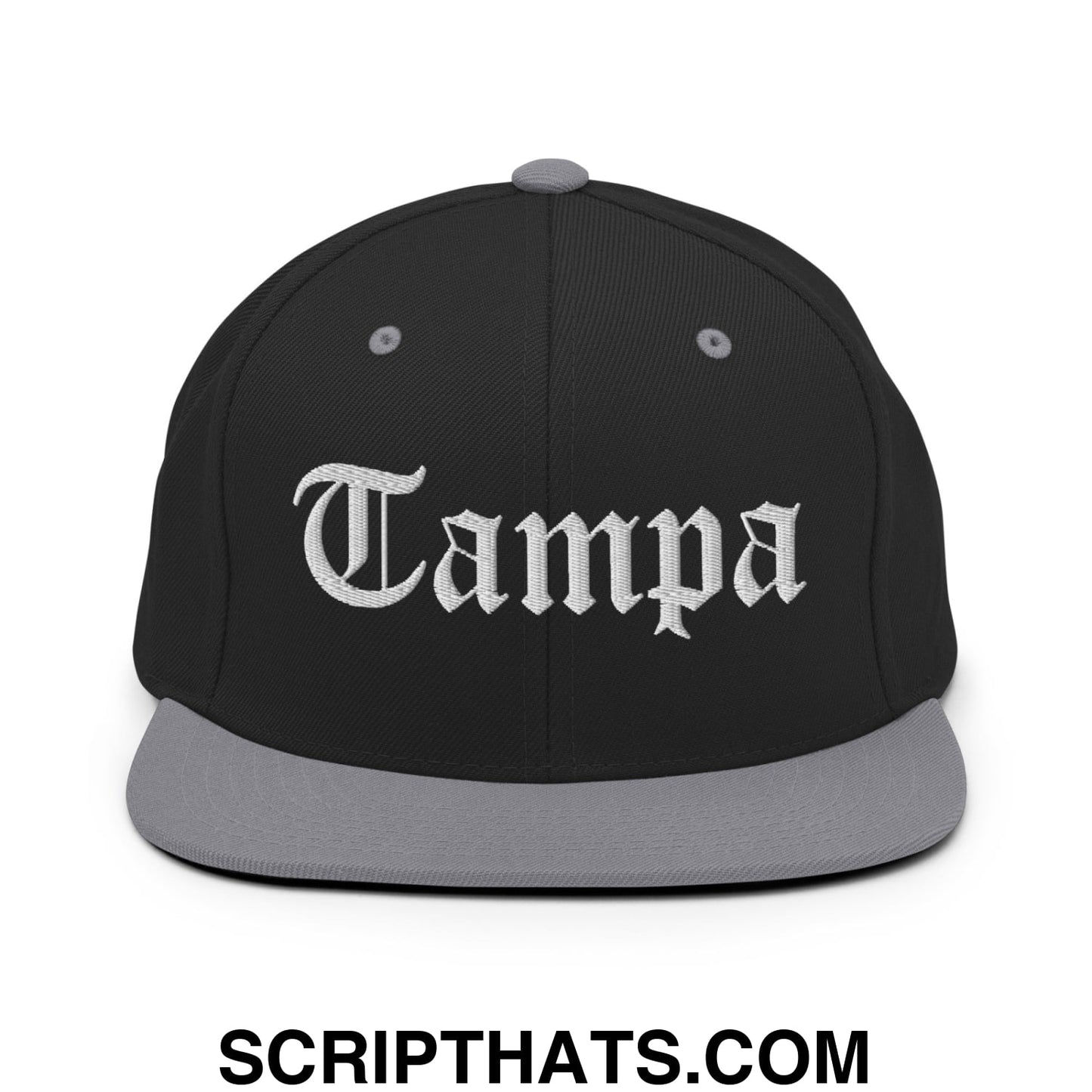 Tampa Old English Embroidered Flat Bill Brim Snapback Hat Black Silver