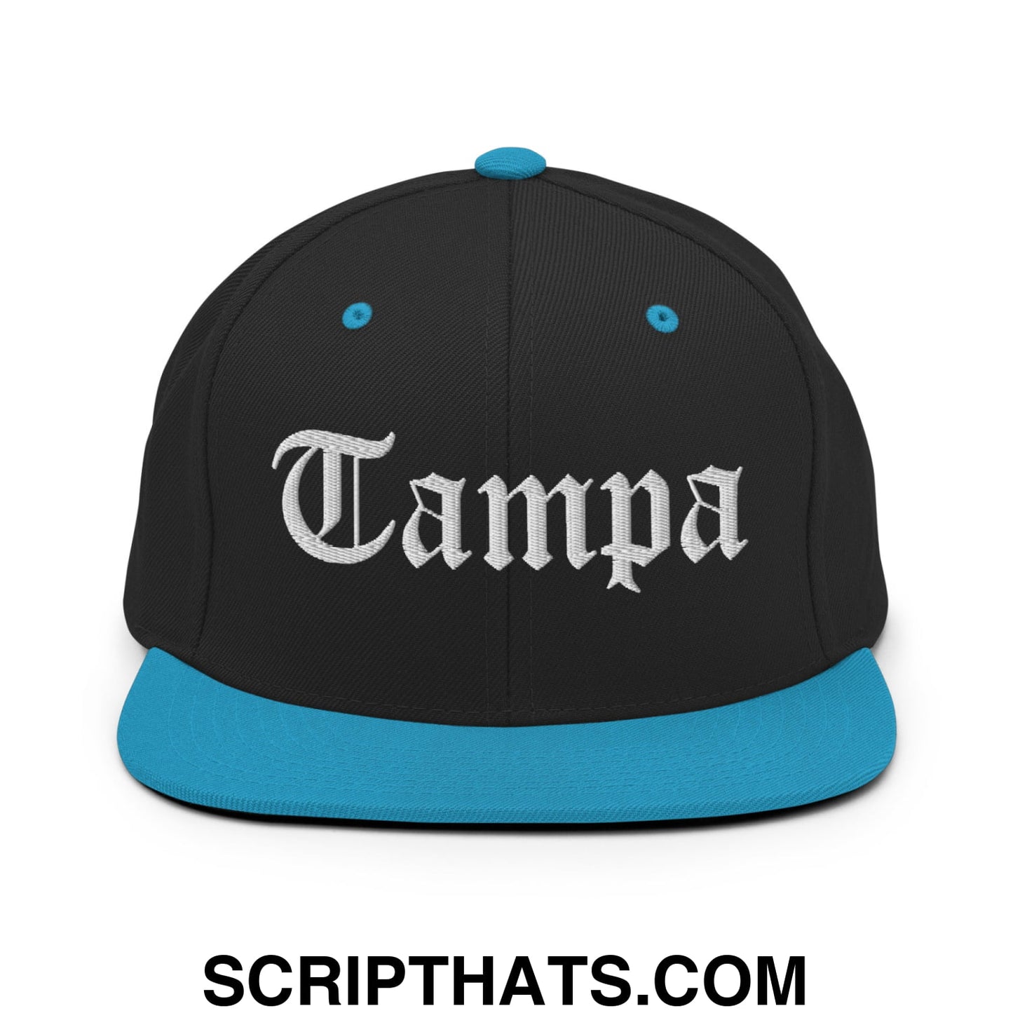 Tampa Old English Embroidered Flat Bill Brim Snapback Hat Black Teal