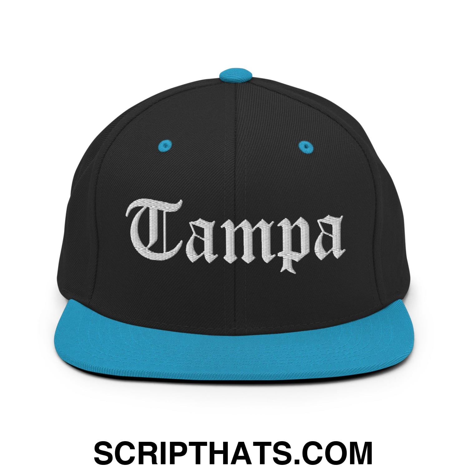 Tampa Old English Embroidered Flat Bill Brim Snapback Hat Black Teal