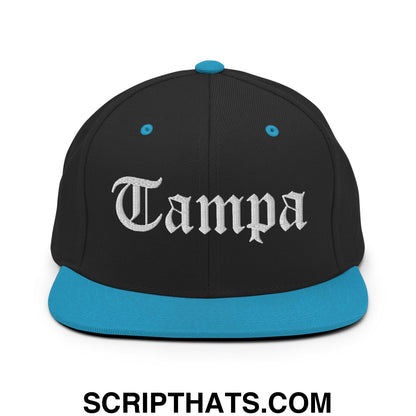 Tampa Old English Embroidered Flat Bill Brim Snapback Hat Black Teal
