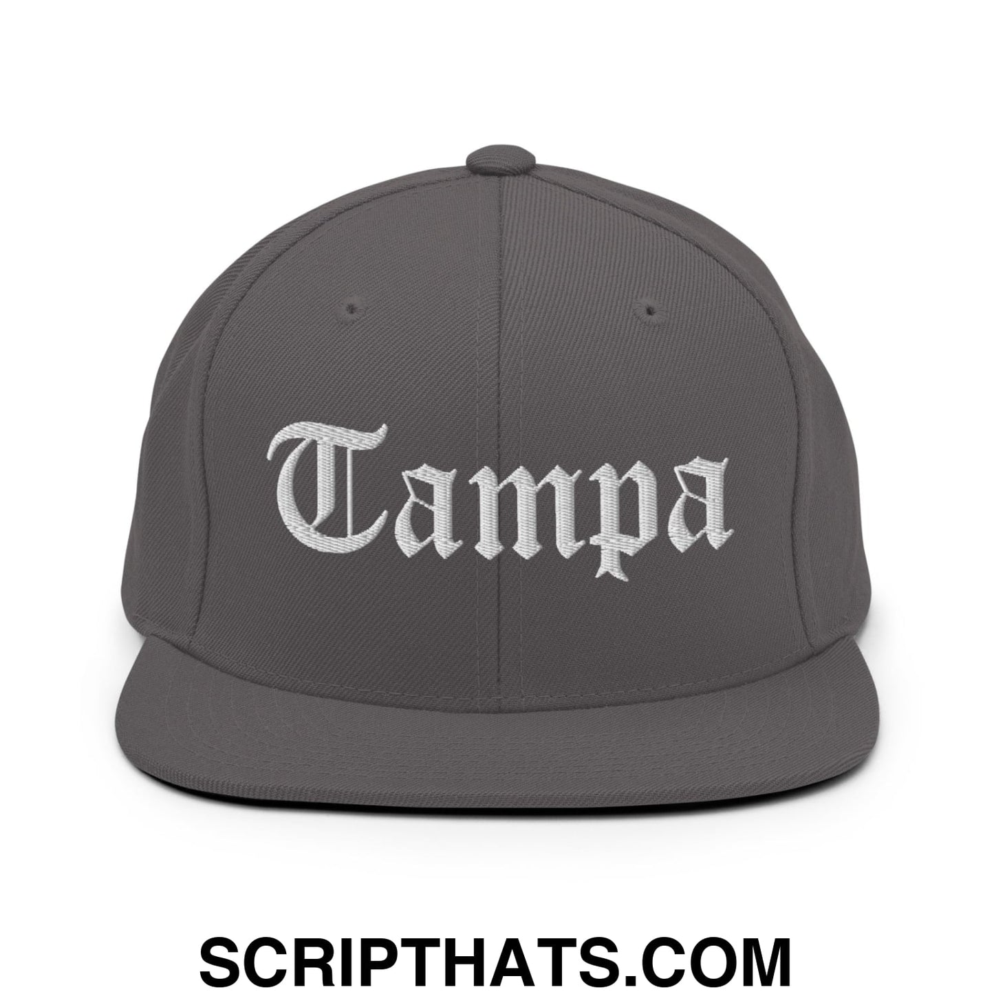 Tampa Old English Embroidered Flat Bill Brim Snapback Hat Dark Grey
