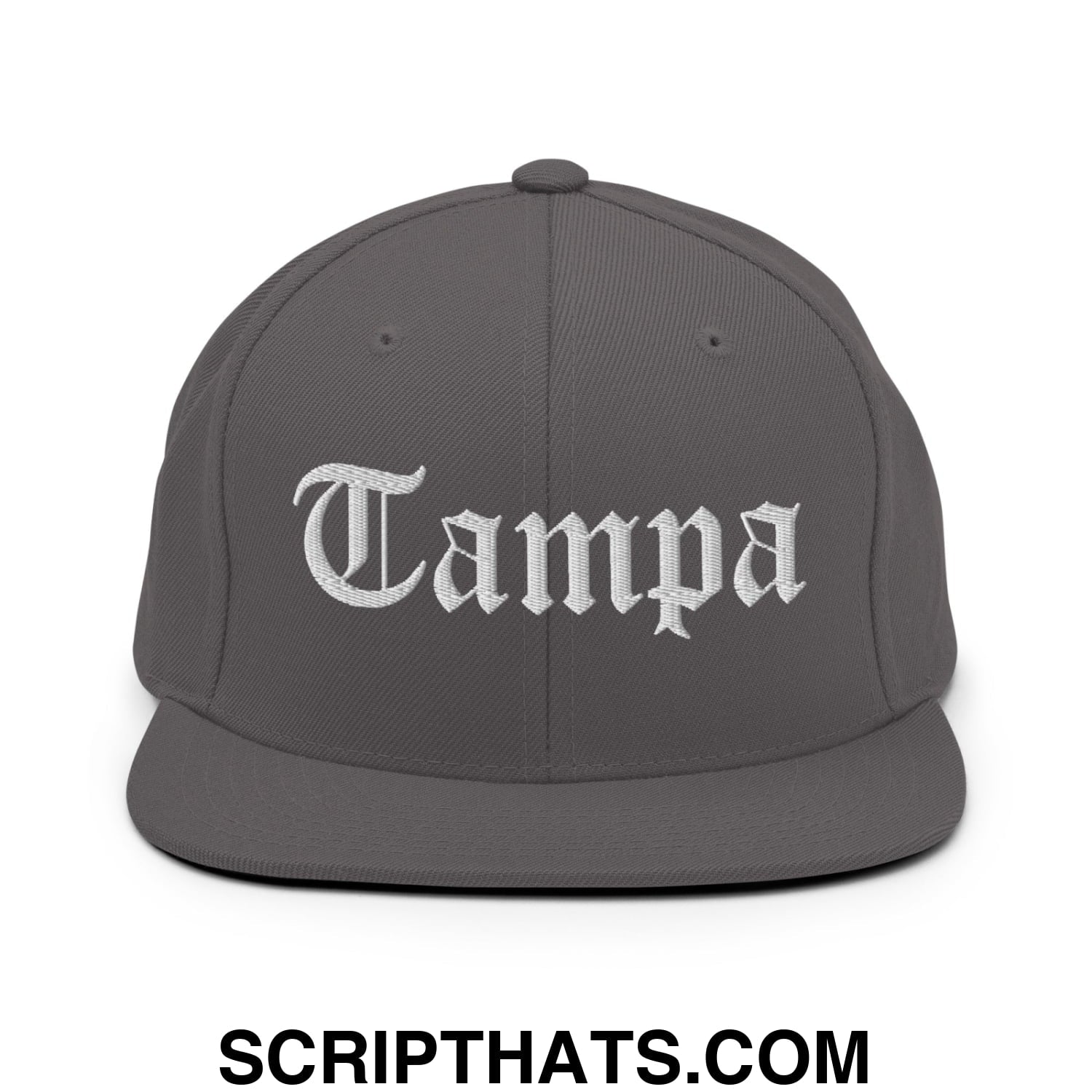 Tampa Old English Embroidered Flat Bill Brim Snapback Hat Dark Grey