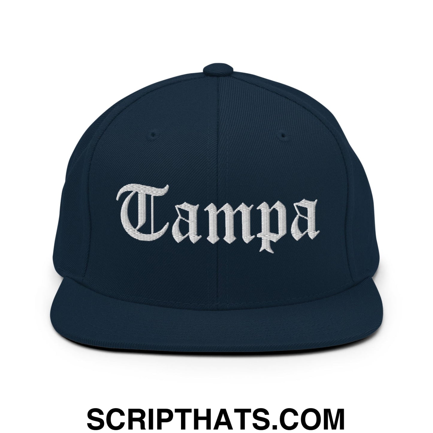 Tampa Old English Embroidered Flat Bill Brim Snapback Hat Dark Navy