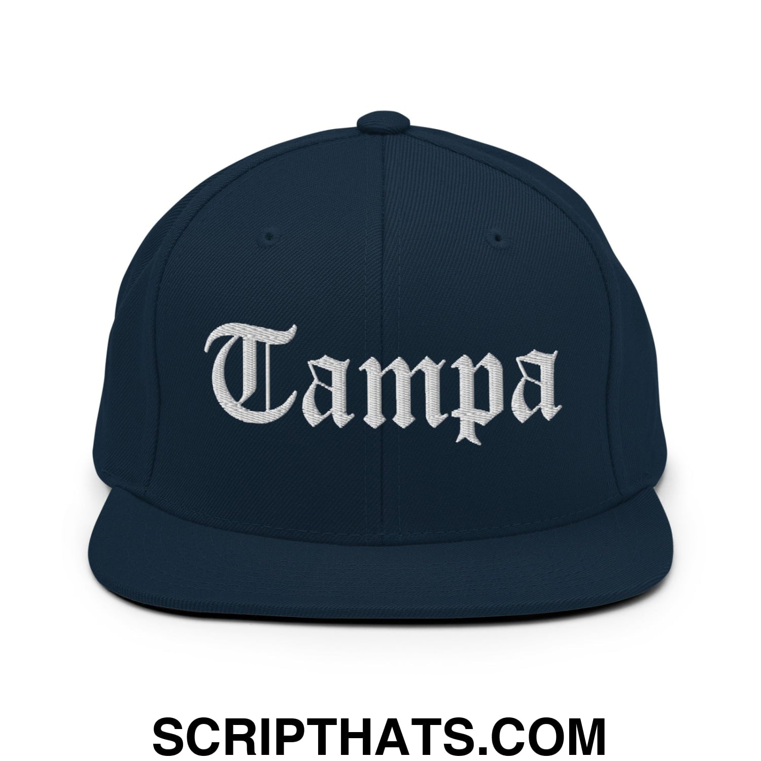 Tampa Old English Embroidered Flat Bill Brim Snapback Hat Dark Navy