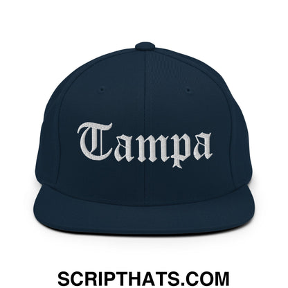 Tampa Old English Embroidered Flat Bill Brim Snapback Hat Dark Navy