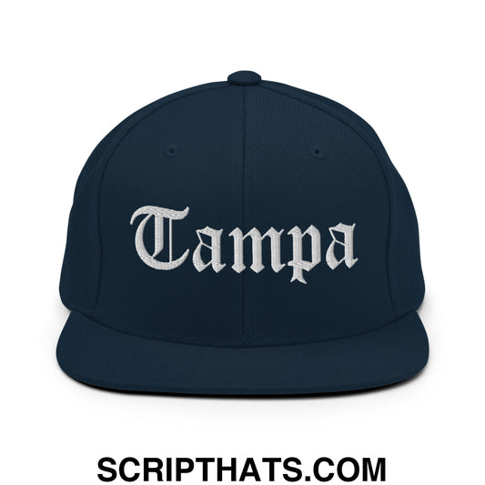 Tampa Old English Embroidered Flat Bill Brim Snapback Hat Dark Navy