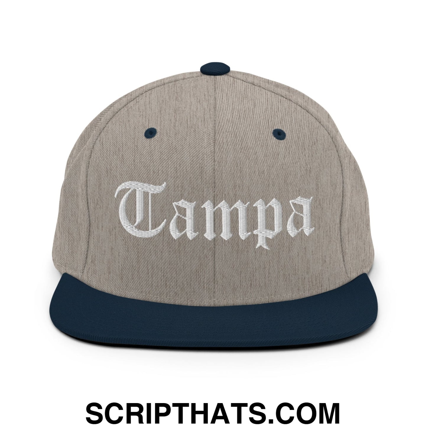 Tampa Old English Embroidered Flat Bill Brim Snapback Hat Heather Grey Navy