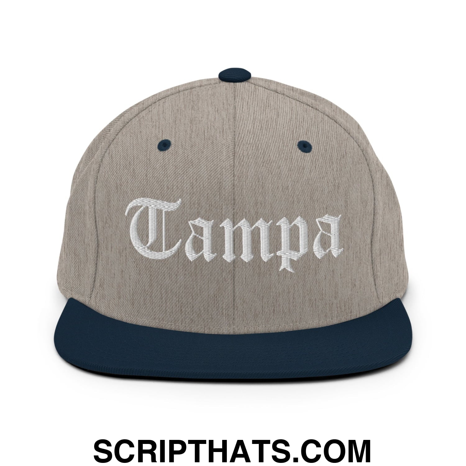 Tampa Old English Embroidered Flat Bill Brim Snapback Hat Heather Grey Navy
