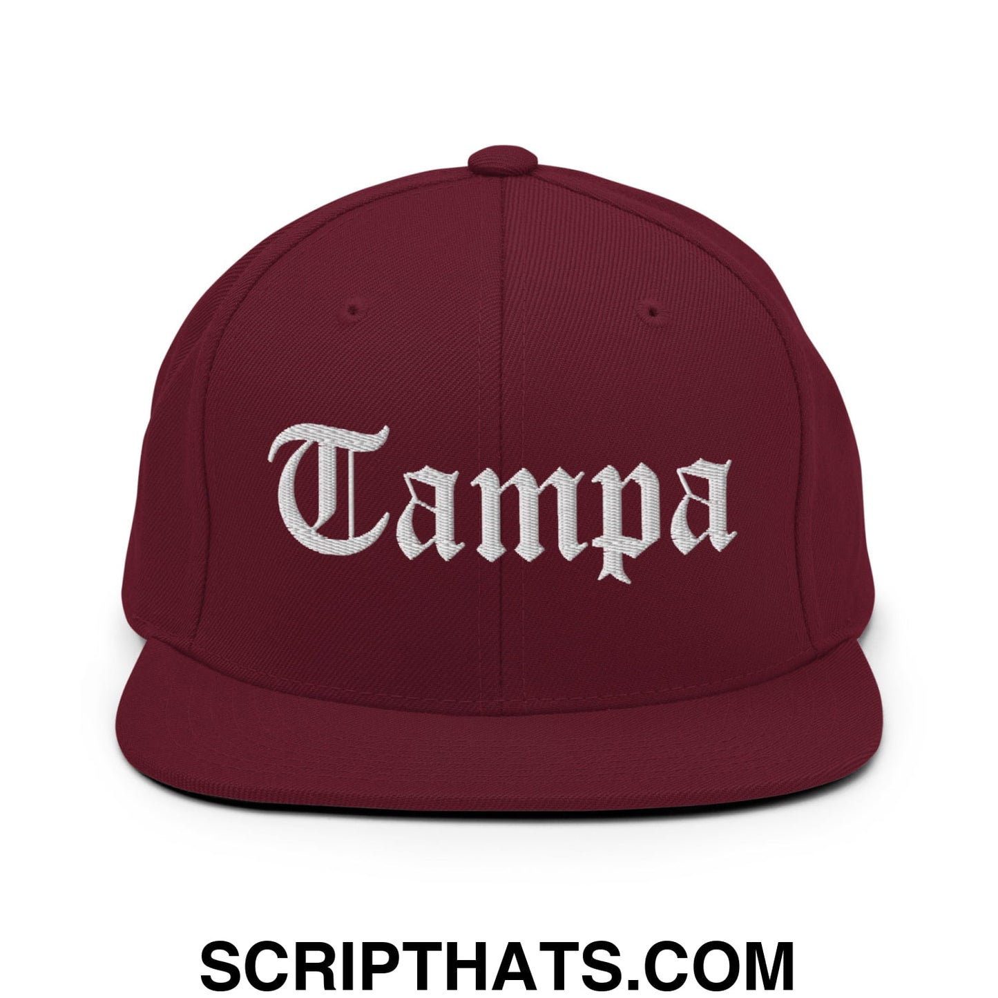 Tampa Old English Embroidered Flat Bill Brim Snapback Hat Maroon