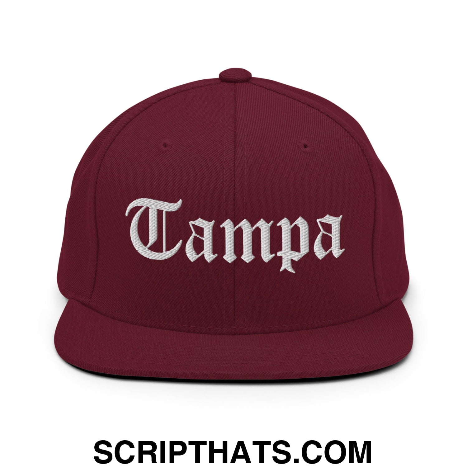 Tampa Old English Embroidered Flat Bill Brim Snapback Hat Maroon