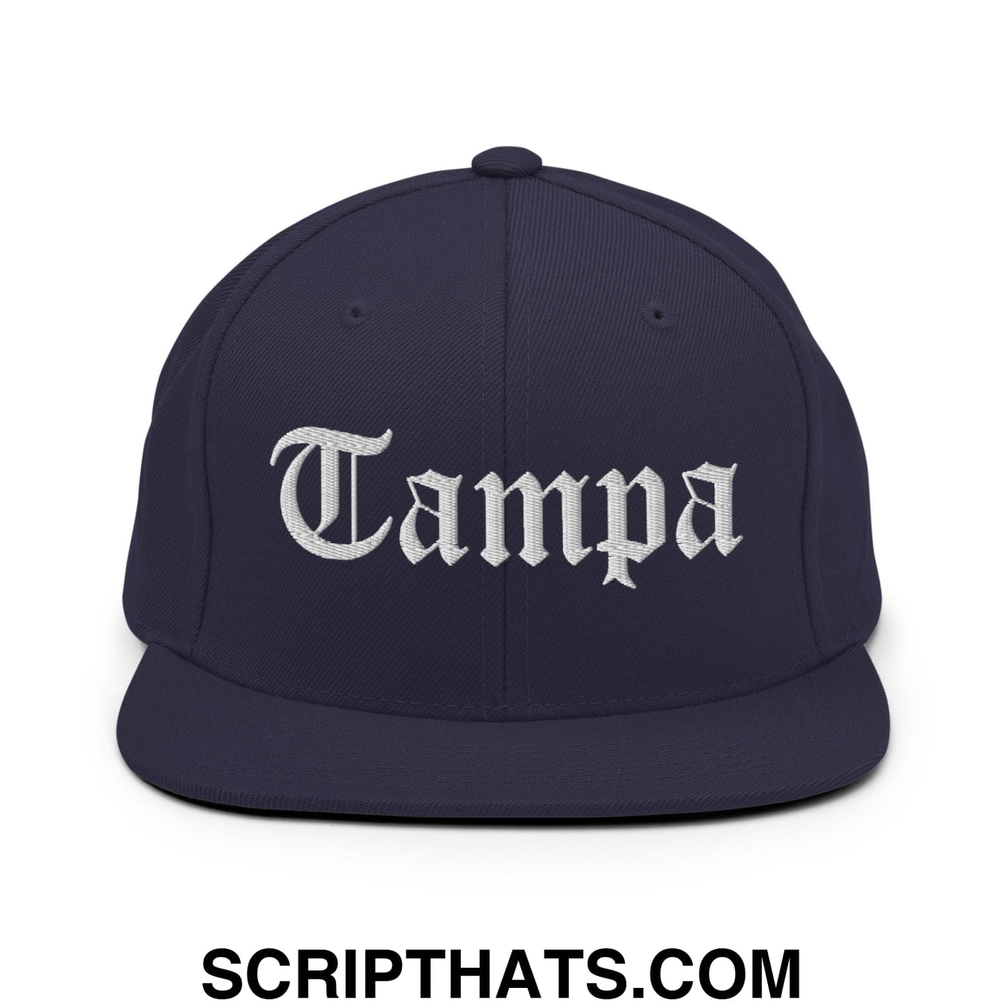 Tampa Old English Embroidered Flat Bill Brim Snapback Hat Navy