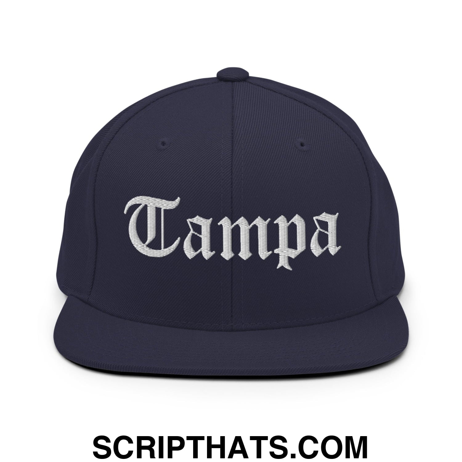 Tampa Old English Embroidered Flat Bill Brim Snapback Hat Navy