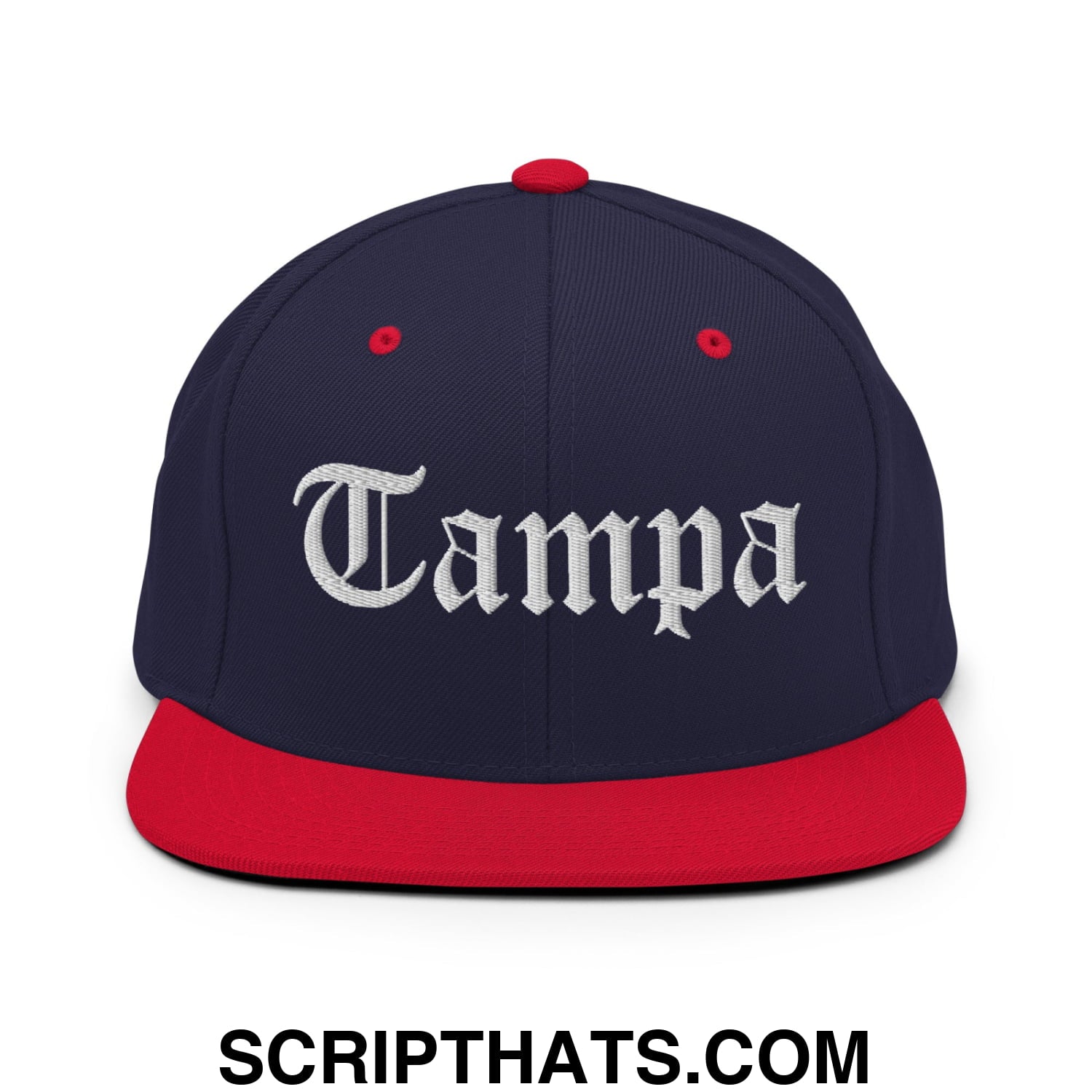 Tampa Old English Embroidered Flat Bill Brim Snapback Hat Navy Red