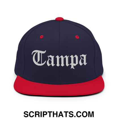 Tampa Old English Embroidered Flat Bill Brim Snapback Hat Navy Red