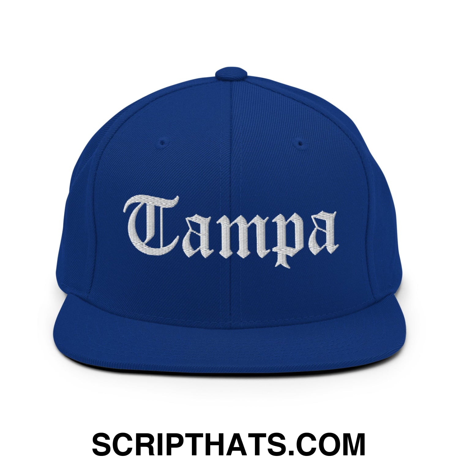 Tampa Old English Embroidered Flat Bill Brim Snapback Hat Royal Blue