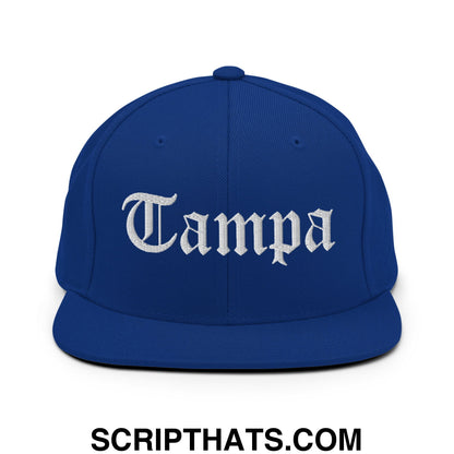 Tampa Old English Embroidered Flat Bill Brim Snapback Hat Royal Blue