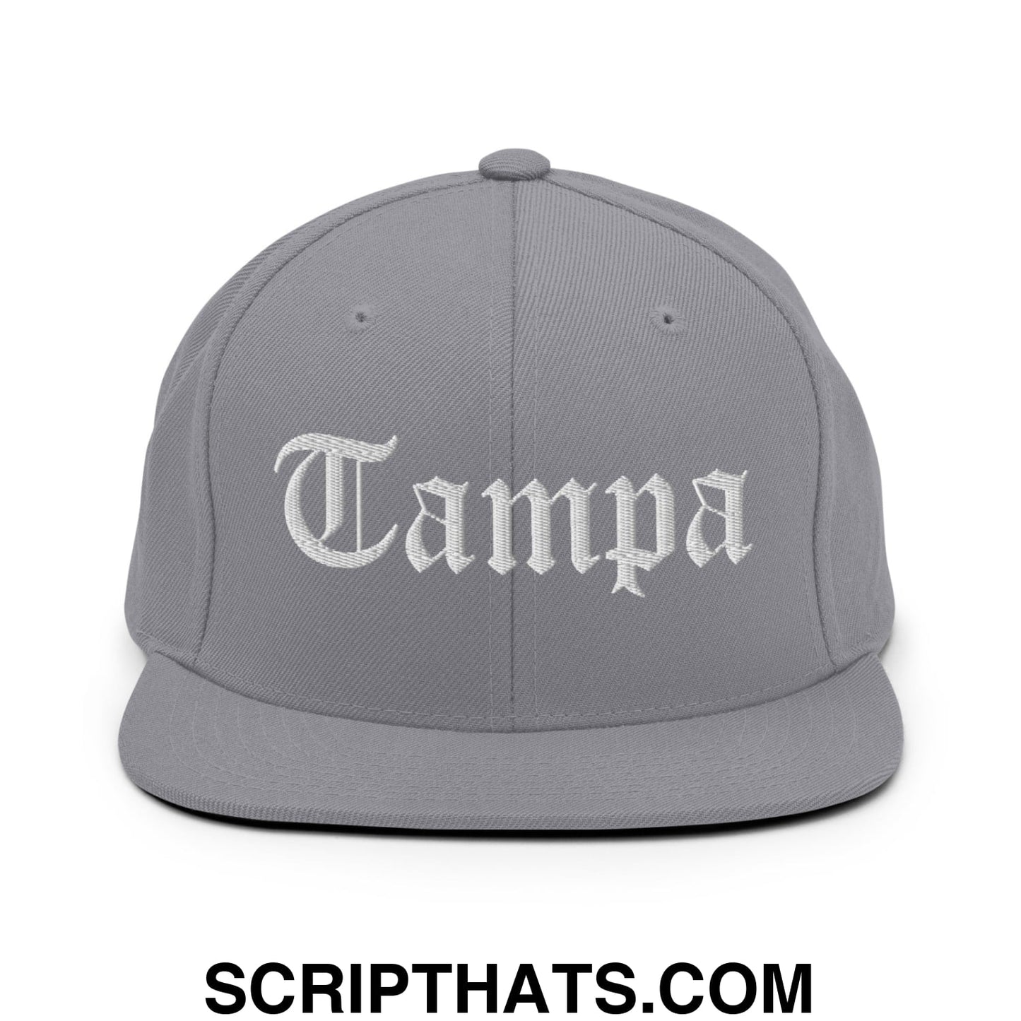 Tampa Old English Embroidered Flat Bill Brim Snapback Hat Silver
