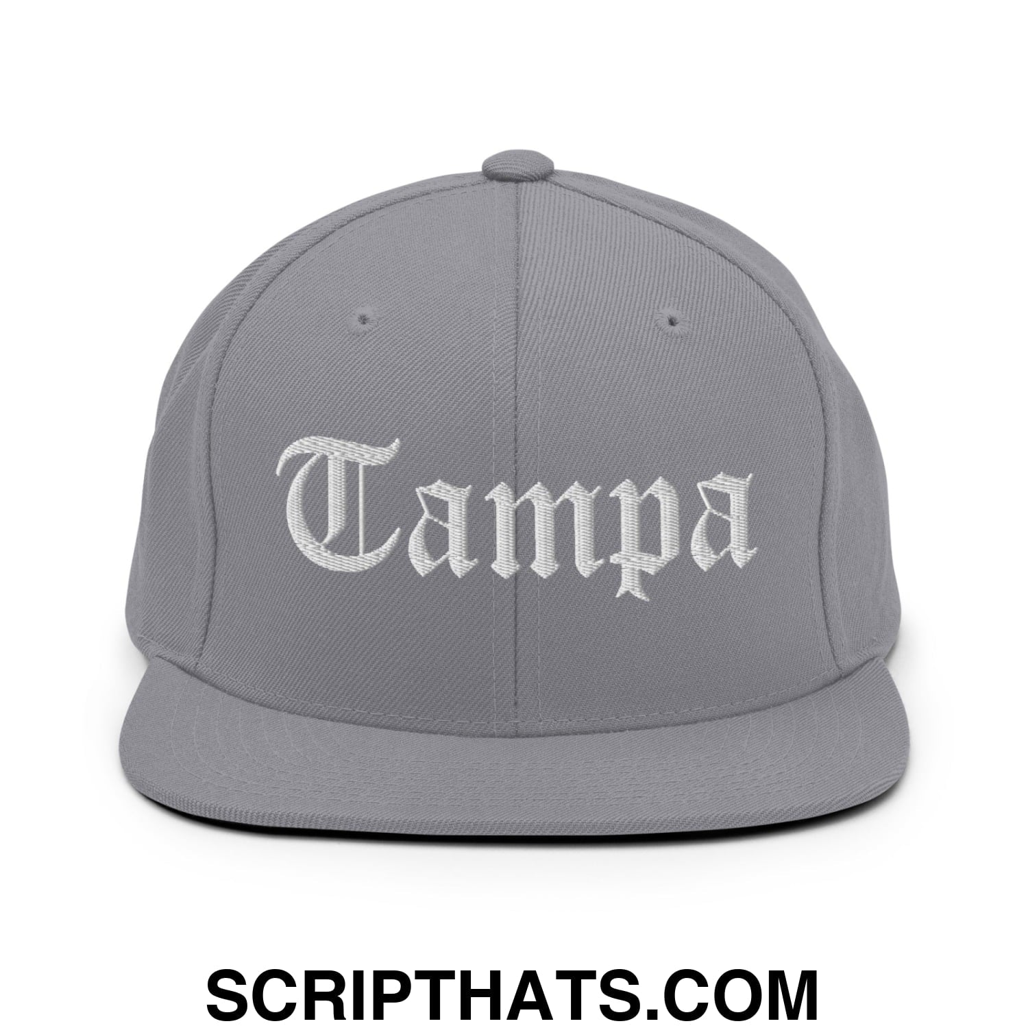 Tampa Old English Embroidered Flat Bill Brim Snapback Hat Silver