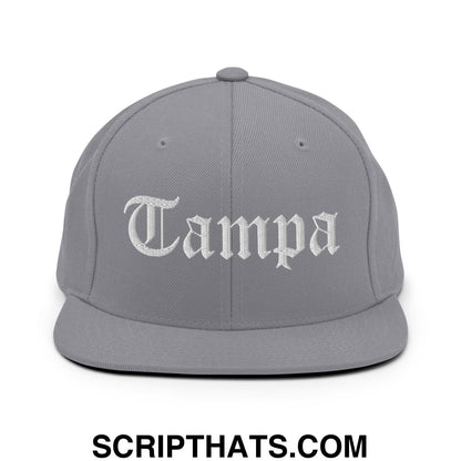 Tampa Old English Embroidered Flat Bill Brim Snapback Hat Silver
