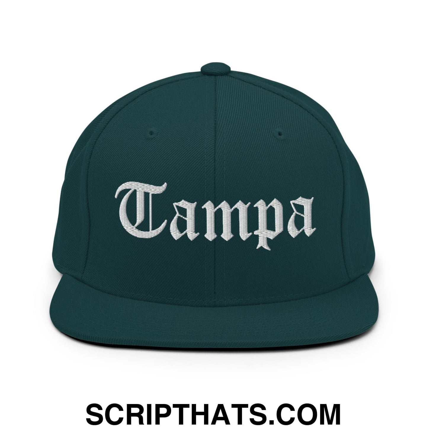 Tampa Old English Embroidered Flat Bill Brim Snapback Hat Spruce
