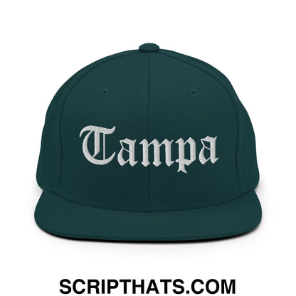 Tampa Old English Embroidered Flat Bill Brim Snapback Hat Spruce