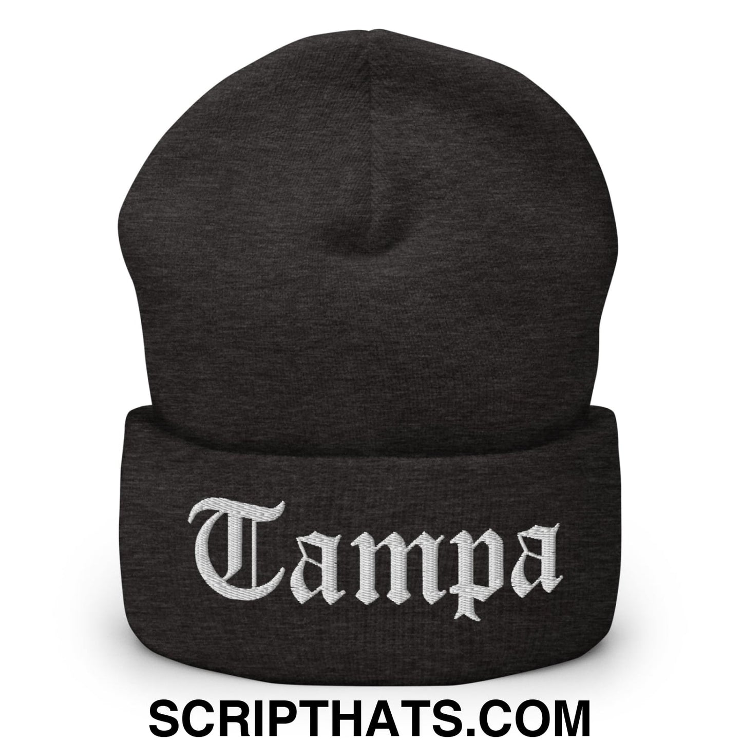 Tampa Old English Embroidered Knit Cuffed Beanie Dark Grey