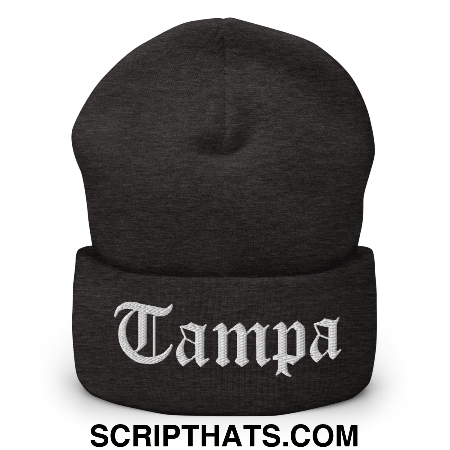 Tampa Old English Embroidered Knit Cuffed Beanie Dark Grey