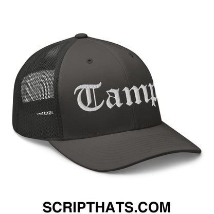 Tampa Old English Embroidered Mesh Trucker Hat Charcoal