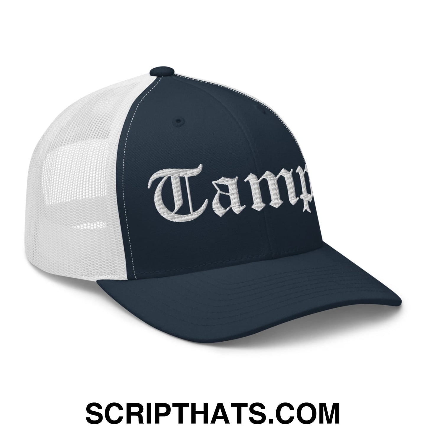 Tampa Old English Embroidered Mesh Trucker Hat Navy White