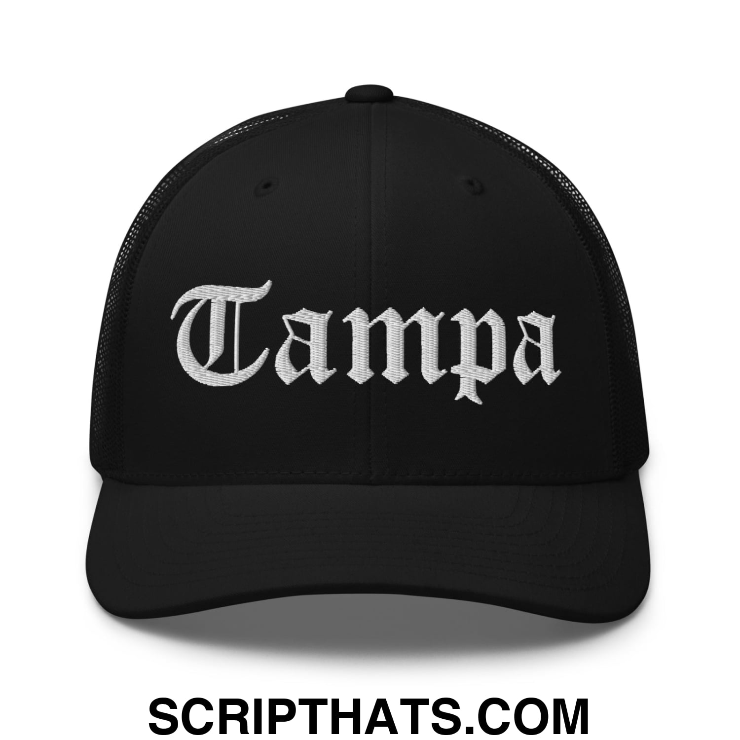 Tampa Old English Embroidered Mesh Trucker Hat Black