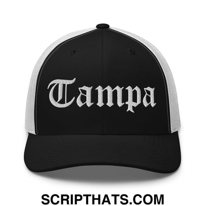 Tampa Old English Embroidered Mesh Trucker Hat Black White